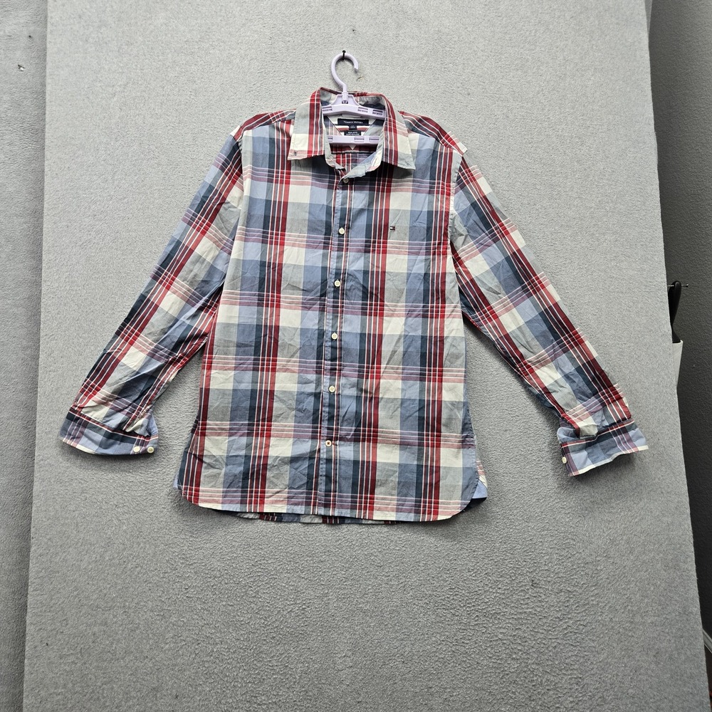 Tommy Hilfiger Men Button Up Shirt L Blue Plaid Logo Long Sleeve